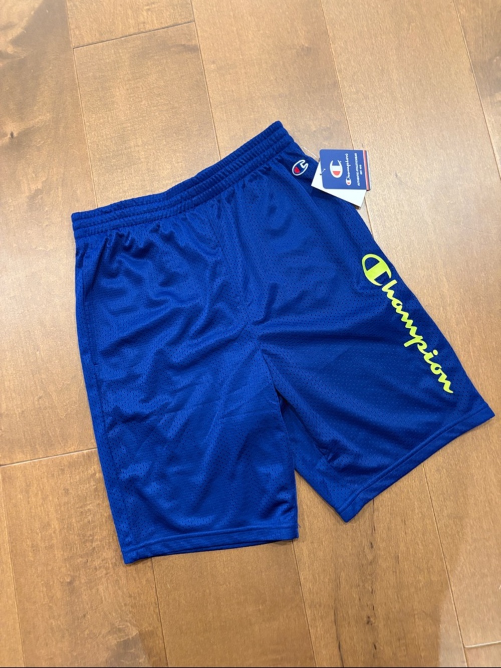 Champion Royal Blue Mesh Shorts with Neon Yellow Logo